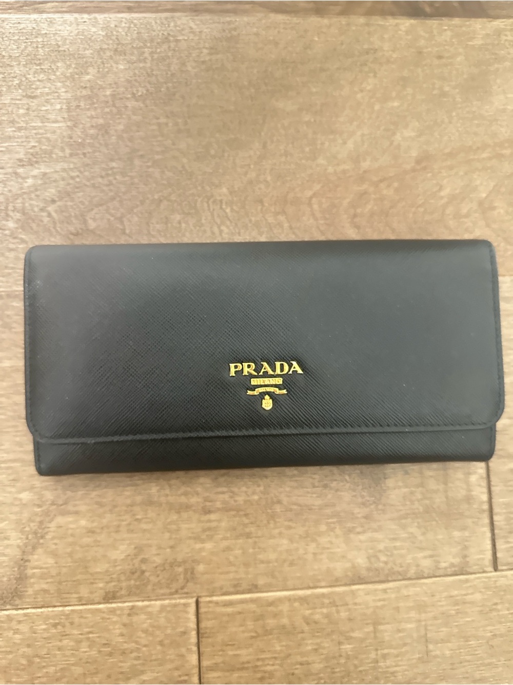 Prada Black Saffiano Continental Wallet with Gold Logo
